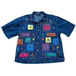 Sara Studio 2X Denim Floral Embroidered Patchwork Shirt Short Sleeve Vintage